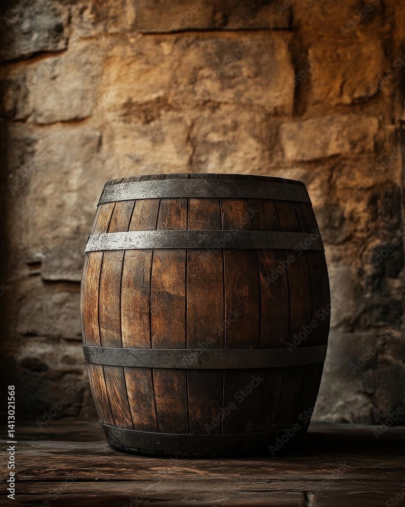 Vintage Wine Barrel in Rustic Cellar Setting with Dramatic Lighting Perfect for Wine and Spirit Industry Content