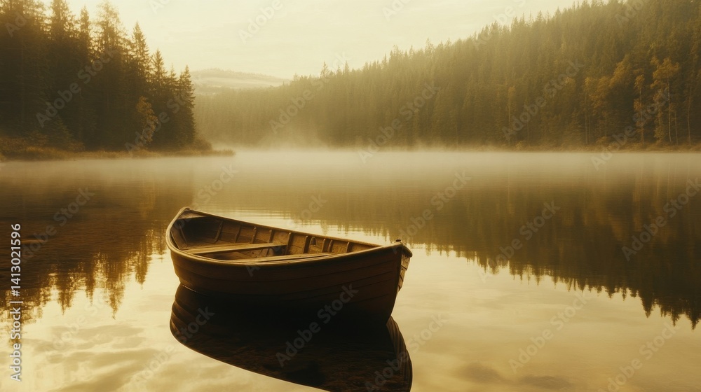 Vintage Wooden Rowboat Reflecting in Crystal Clear Mountain Lake During Golden Hour Sunrise with Misty Forest Backdrop Perfect for Outdoor Adventure