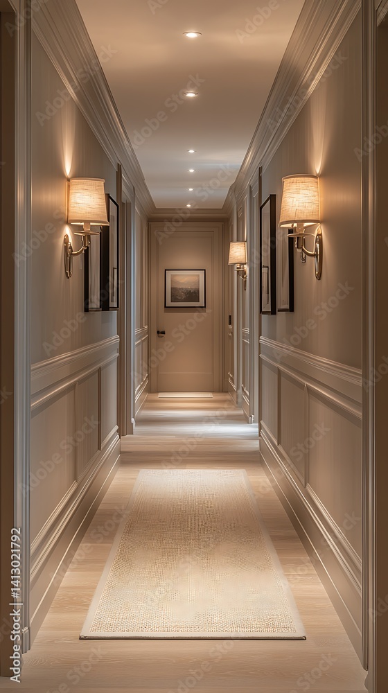 Elegant interior hallway illuminated with sconces and recessed lights, offering a path into sophisticated living spaces. Elegant interior hallway illuminated with sconces and recessed lights, offering a path into sophisticated living spaces.
