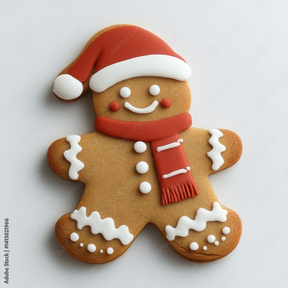 Whimsical Christmas Gingerbread Cookie Character with Festive Holiday Decorations and Frosting Details on White Background
