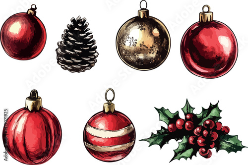 set of hand drawn christmas balls