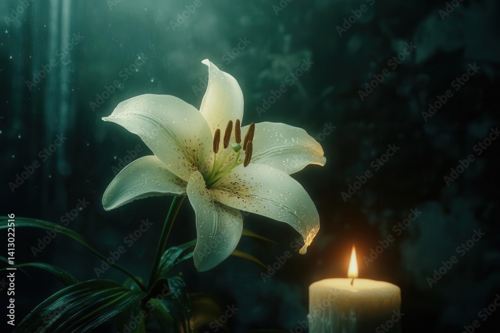 White Lily and Burning Candle on Dark Background with Elegant Space for Text Funeral Concept