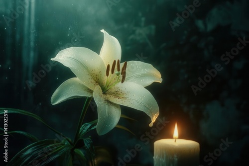 Obraz na płótnie White Lily and Burning Candle on Dark Background with Elegant Space for Text Funeral Concept w salonie