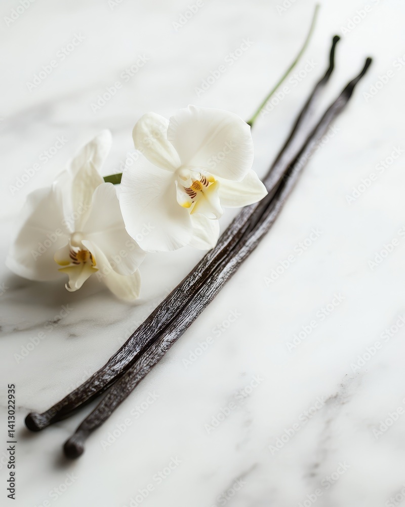 Aromatic Vanilla Pods and Delicate White Orchids Arrangement on Marble Surface with Soft Natural Light for Luxury Spa and Culinary Concepts