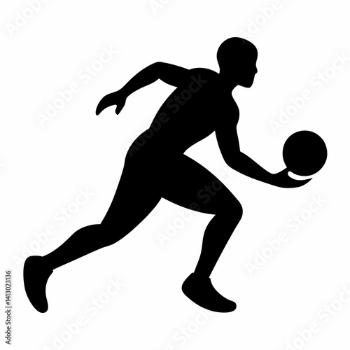 A black silhouette of a basketball player in motion dribbling the ball