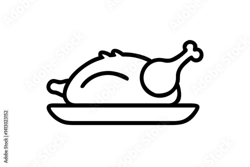 Thanksgiving Turkey Dinner on a Plate Line Art Icon – Vector for Holiday Designs

