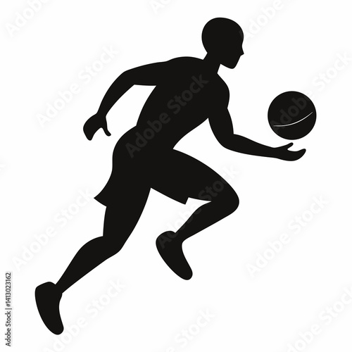 A black silhouette of a basketball player in motion dribbling the ball