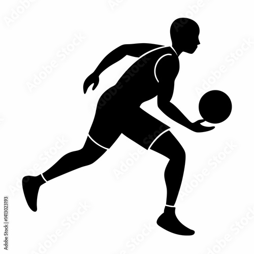 A black silhouette of a basketball player in motion dribbling the ball