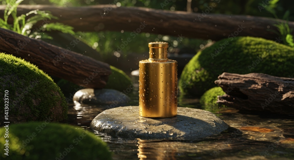 Golden essence bottle in natural water spring surrounded by mossy rocks Golden essence bottle in natural water spring surrounded by mossy rocks