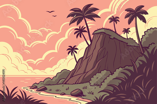 44 Tropical island sunset, towering cliff with palm trees, vibrant sky, pink and orange clouds, golden sun reflection on water, calm sea, rocky outcrops, lush vegetation, dramatic lighting, fantasy la