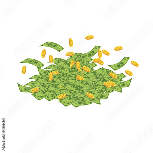 Flying cartoon banknotes, dollar cash money bills, falling and swirling green banknotes of usd currency