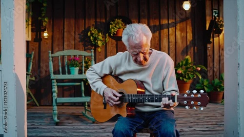 Wallpaper Mural Elderly man plays acoustic guitar on porch surrounded by plants at sunset Torontodigital.ca