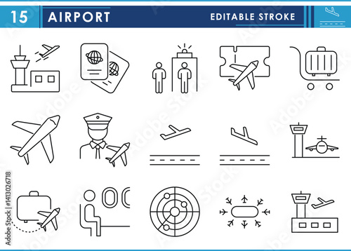 A set of line icons related to Airport. Airline, plane, fly, trolley, traveler, pilot, and so on. Vector editable stroke. photo