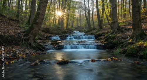 Serene Forest Stream at Sunset - Tranquil stream flowing through a sun-dappled forest, creating a peaceful and picturesque scene. Autumn leaves add to the charm