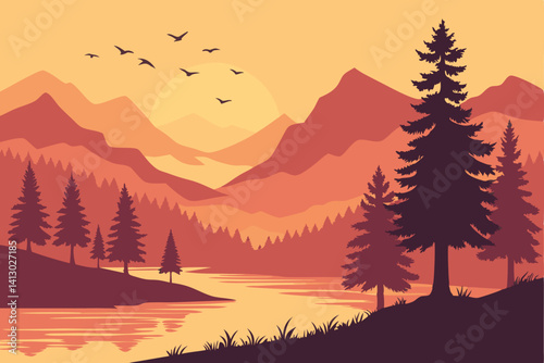 45 Serene mountain lake landscape, vibrant sunset sky, golden hour, silhouette of pine forest, flock of birds flying, misty mountains, reflective water surface, tranquil atmosphere, digital art, gradi