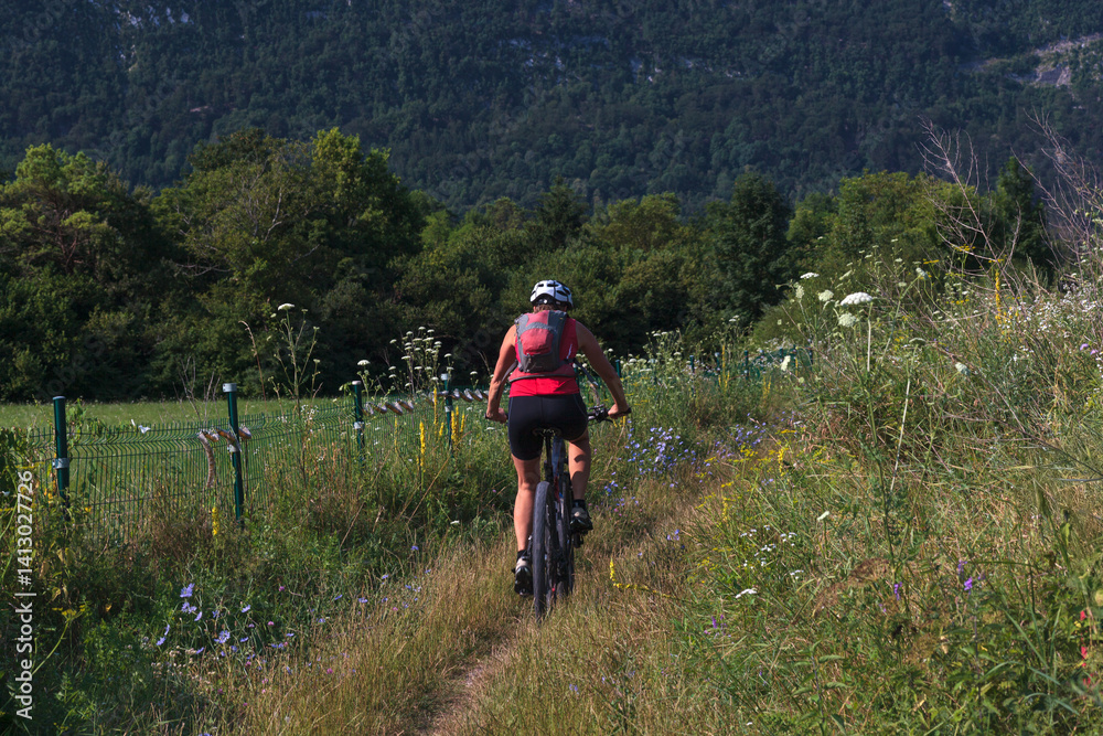 Fototapeta premium Woman cycling on a serene forest path
