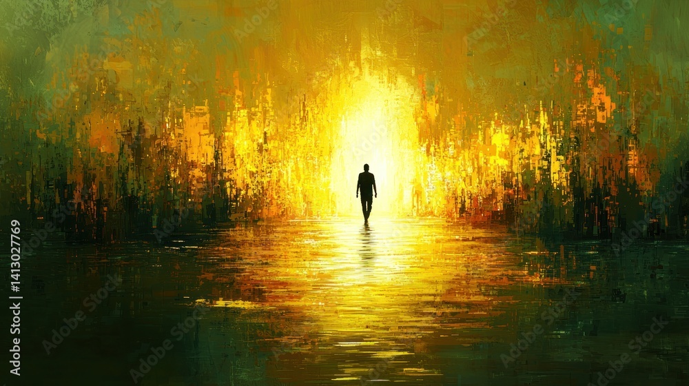 Fototapeta premium Solitary figure walking towards radiant light in abstract landscape painting