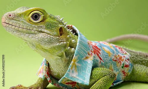 Lizard in a tropical shirt and white shorts posing on a bright green backdrop