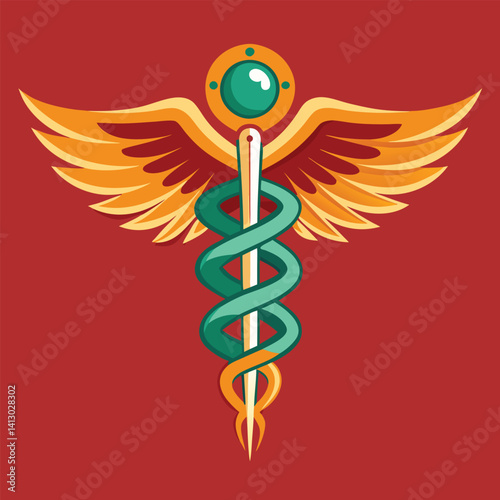 This gold caduceus vector illustration on a white background is a medical symbol featuring intertwined snakes and wings, representing medicine and healthcare