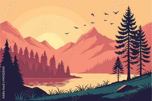 45 Serene mountain lake landscape, vibrant sunset sky, golden hour, silhouette of pine forest, flock of birds flying, misty mountains, reflective water surface, tranquil atmosphere, digital art, gradi