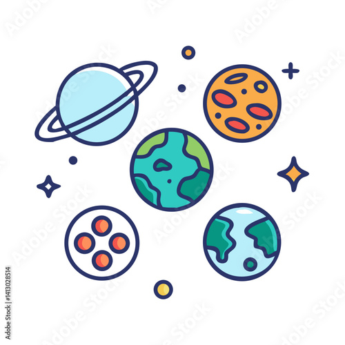 Planet Set Icon Representing Solar System Bodies