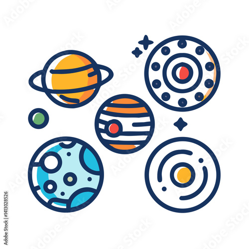 Planet Set Icon Representing Solar System Bodies