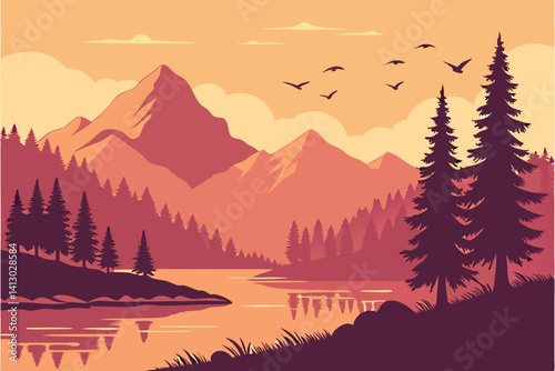 45 Serene mountain lake landscape, vibrant sunset sky, golden hour, silhouette of pine forest, flock of birds flying, misty mountains, reflective water surface, tranquil atmosphere, digital art, gradi