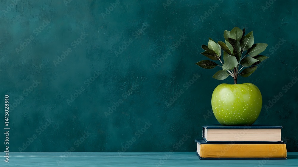 Obraz premium Green Apple with Leaves on Stacked Books against Textured Backdrop for Education Concepts and Creative Projects.