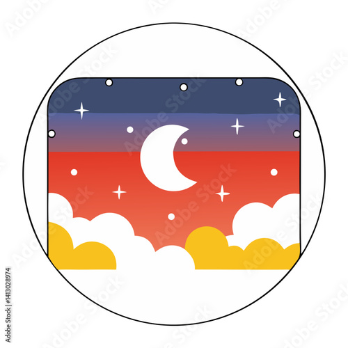 A serene night sky with a crescent moon and fluffy clouds, painted in warm sunset hues within a circular frame.