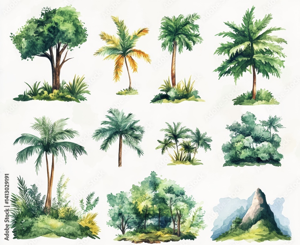 Set of Tropical Tree Watercolor Illustration isolate on white background.