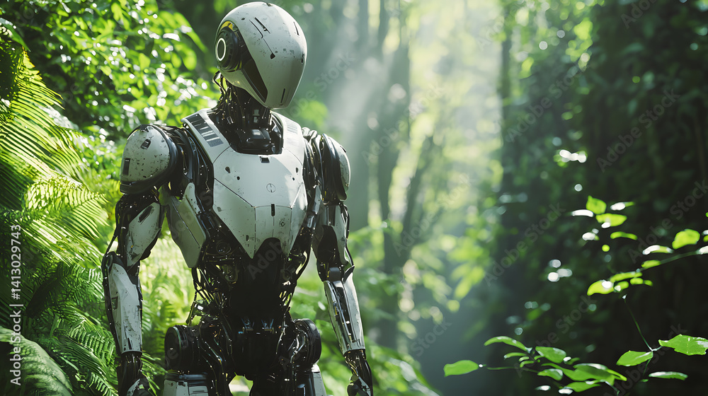 Fototapeta premium Cybernetic Sentinel in Verdant Embrace: A state-of-the-art android stands sentinel amidst lush greenery, a fusion of technology and the untamed wilderness, embodying a futuristic narrative.