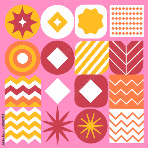 A vibrant celebration of geometric shapes in joyful orange, pink, and white, creating a playful and optimistic mood with a bold, graphic design style.