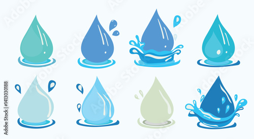 Colorful cartoon vector set of water drops with splashes and ripples. Bright, playful illustrations in blue tones, suitable for eco concepts, weather design, liquid icons, or kids' graphics