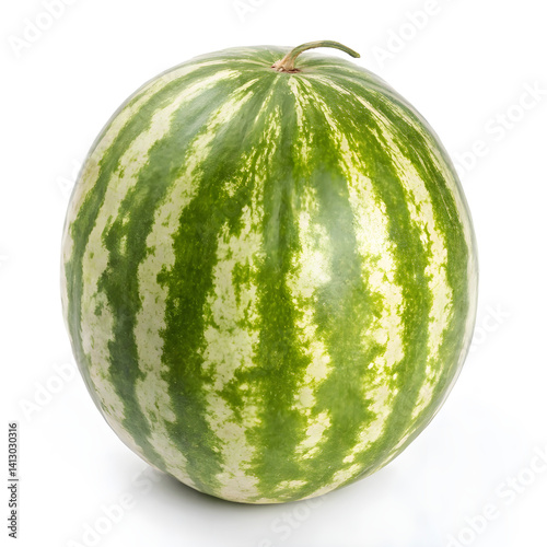 Whole Watermelon with Green and White Stripes on White Background