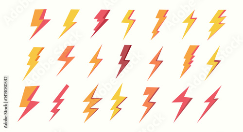Set of colorful lightning bolt icons in various shapes and angles. Bold cartoon-style thunder symbols in yellow, orange, and red tones
