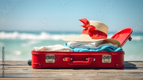 Retro suitcase with travel objects on wooden desk in beach background