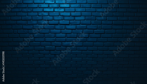 Navy blue brick wall wide texture. Dark indigo masonry large long background. Gloomy night backdrop. with white shades