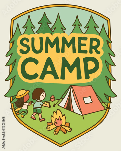 Summer Camp Badge with Tent, Trees, and Canoe - Adventure Patch Design