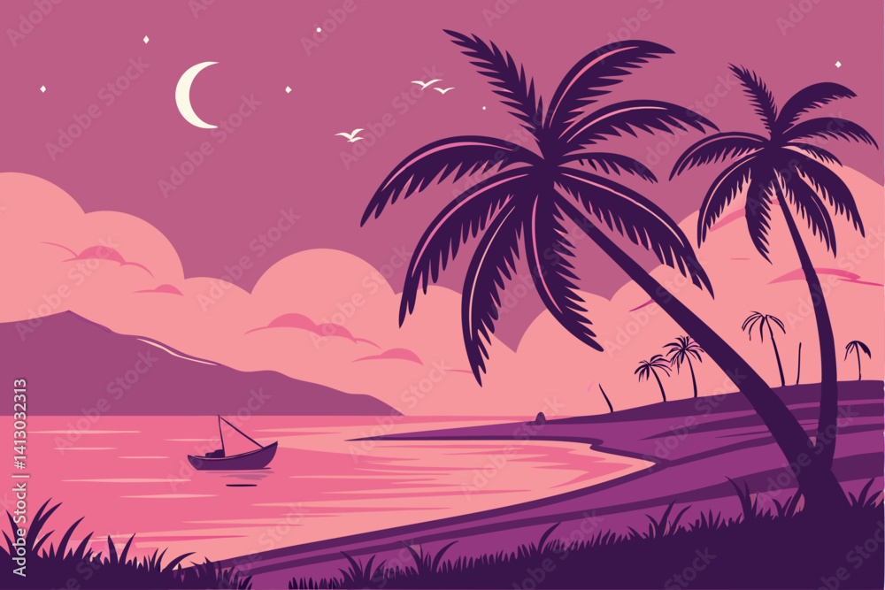 Fototapeta premium 47 Tropical sunset, vibrant gradient sky, palm tree silhouettes, calm ocean reflection, small boat, distant mountains, starry night, purple and pink hues, serene beach scene, digital art, dreamlike at