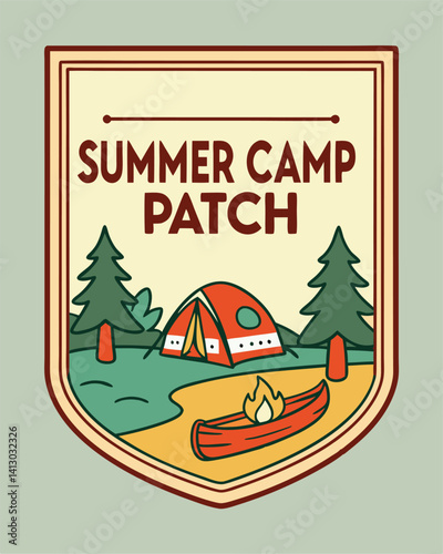 Summer Camp Badge with Tent, Trees, and Canoe - Adventure Patch Design
