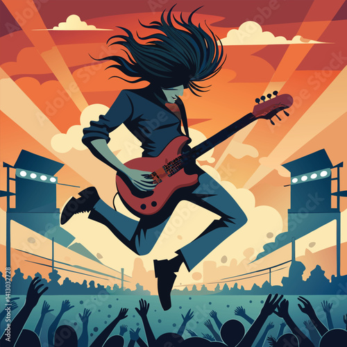 Energetic Rock Star Performing on Stage at Sunset