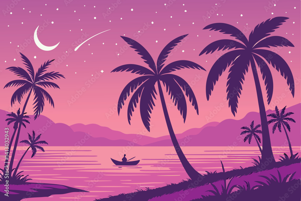 Fototapeta premium 47 Tropical sunset, vibrant gradient sky, palm tree silhouettes, calm ocean reflection, small boat, distant mountains, starry night, purple and pink hues, serene beach scene, digital art, dreamlike at