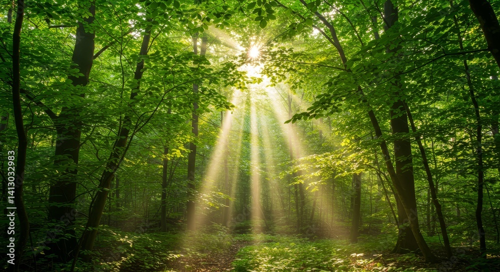 Fototapeta premium Sunbeams in a Lush Green Forest - Sunlight streams through the leaves of a dense forest, creating a magical atmosphere. Perfect for nature, tranquility, and serenity themes