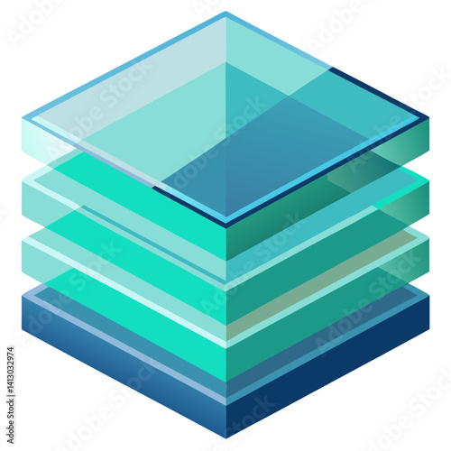Layered turquoise and blue crystal cube representing data layers with a transparent top layer