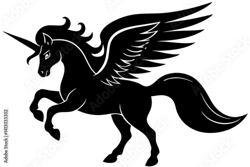 Elegant Black Unicorn With Wings Silhouette Graceful Mythical Creature Fantasy Art Illustration For Design Projects And Creative Media, unicorn, pegasus, flying horse, mythical, creature, horse, wings