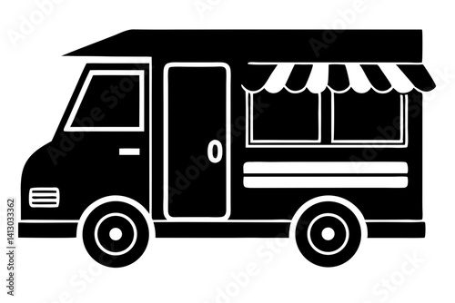 Simple Vector Illustration Of Black And White Food Truck Mobile Kitchen With Awning Ready To Serve Customers, food truck, mobile kitchen, vector, illustration, black, white, awning, street food, fast