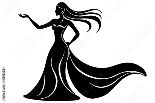 Elegant Woman Silhouette In Flowing Gown With Hand Gesture For Product Display Or Advertisement Vector Illustration, woman, silhouette, dress, gown, elegant, fashion, style, beauty, vector