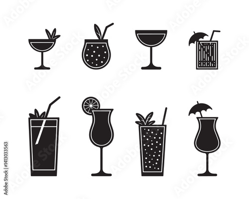 Collection of Cocktail Glasses Silhouettes with Lemon Slices and Straws for Summer Drinks
