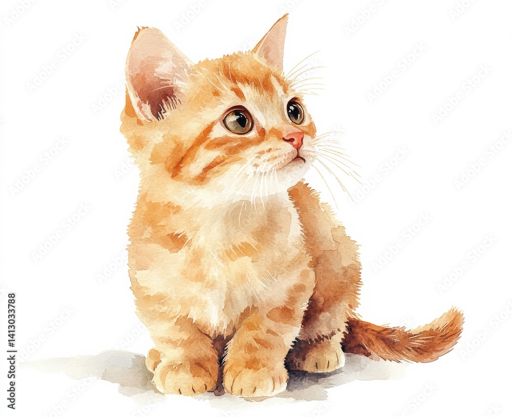 Obraz premium Cute Playful Orange Kitten, Watercolor Illustration isolate on white background.