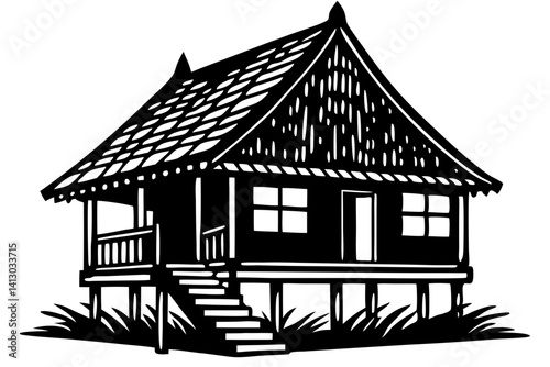 Black And White Silhouette Of A Traditional House With A Unique Roof And Staircase Vector Illustration, traditional house, house, silhouette, vector, illustration, black and white, architecture, build